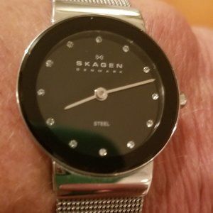 Skagen Watch. Ladies. Round, black face with silver mesh band.